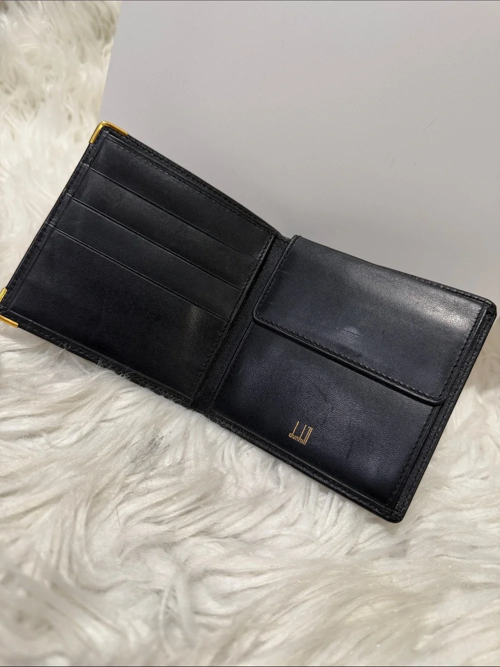 DUNHILL Black Leather Bifold Wallet with Gold Accents